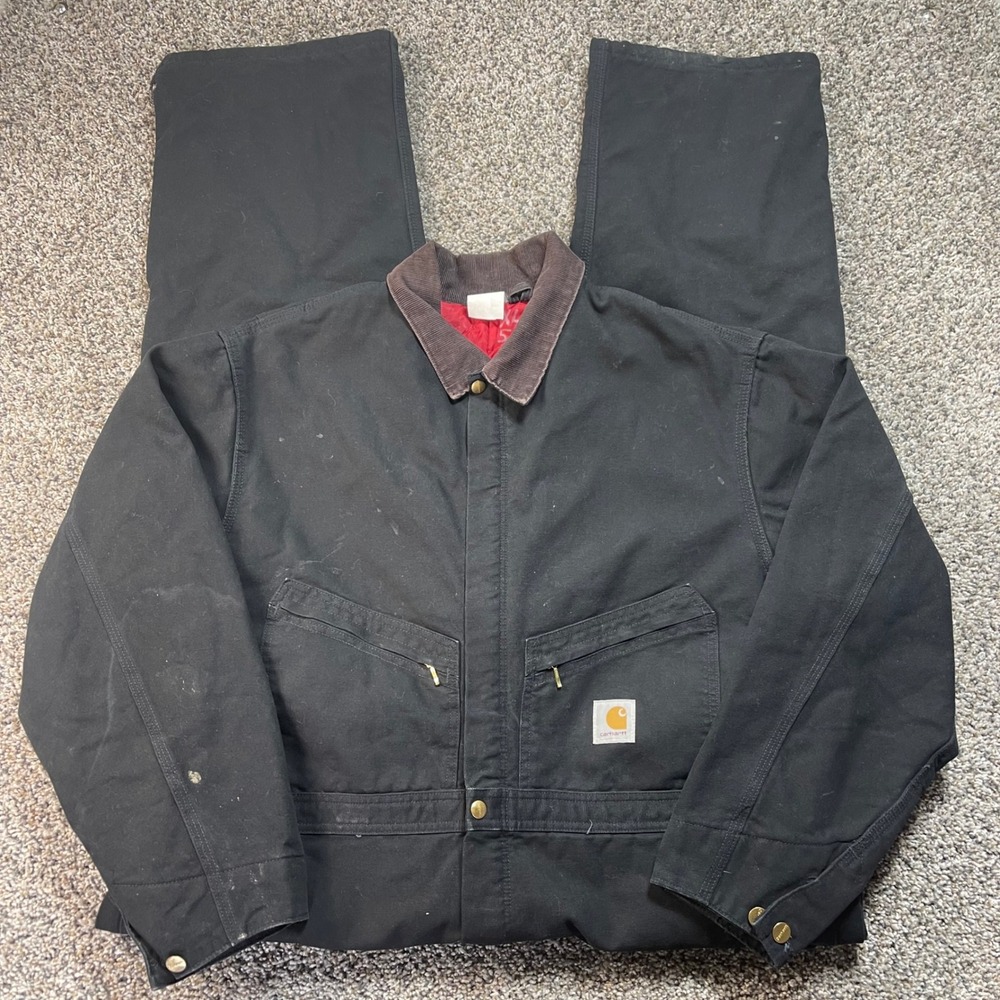 Carhartt Mens XL‎ 52 Duck Canvas Quilt Lined Coveralls Black Work Bibs Corduroy - Picture 3 of 15